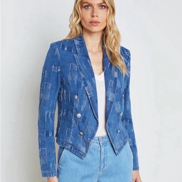 L'AGENCE Wayne Patchwork Denim Crop Blazer, Size L Excellent Condition - Picture 3 of 16
